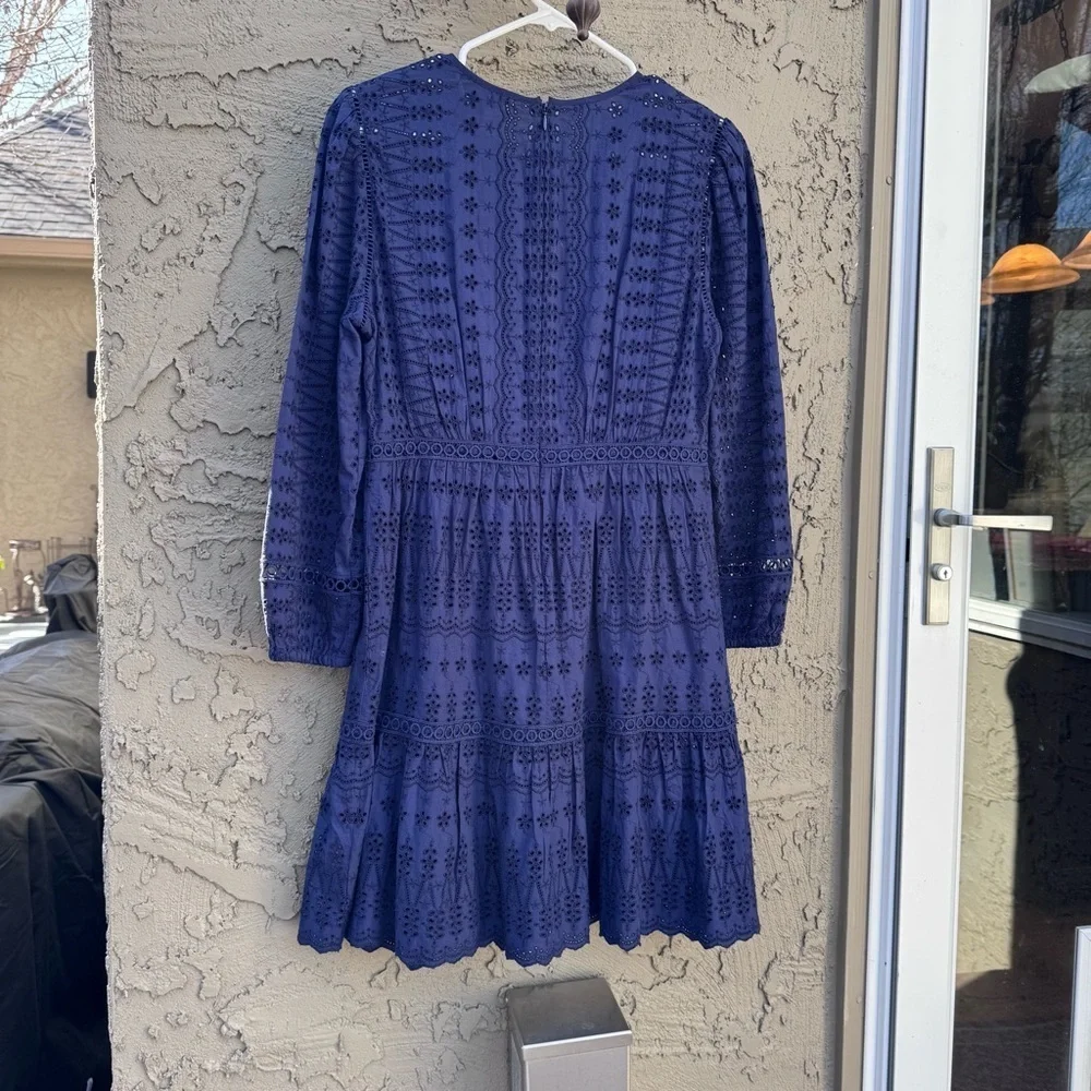 J.Crew navy blue eyelet long-sleeve flutter hem dress 100% cotton